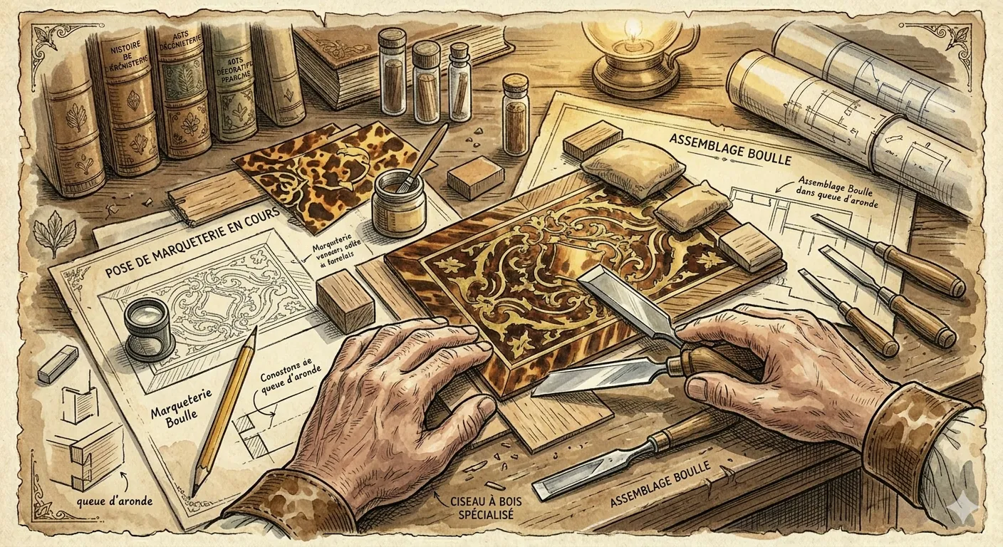 Travail de marqueterie et de finition à l'établi