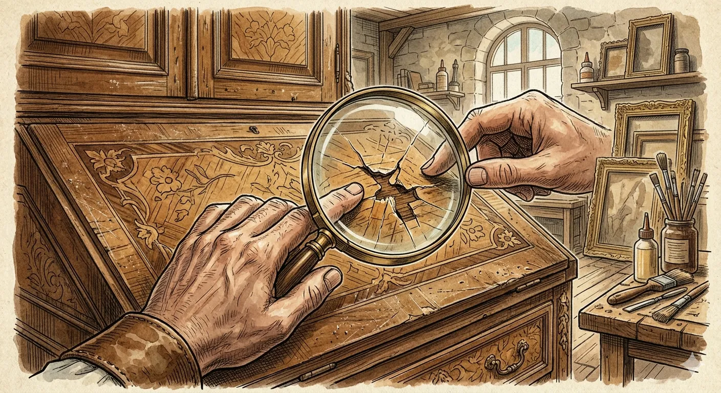 Examen et diagnostic d'un meuble ancien à l'atelier
