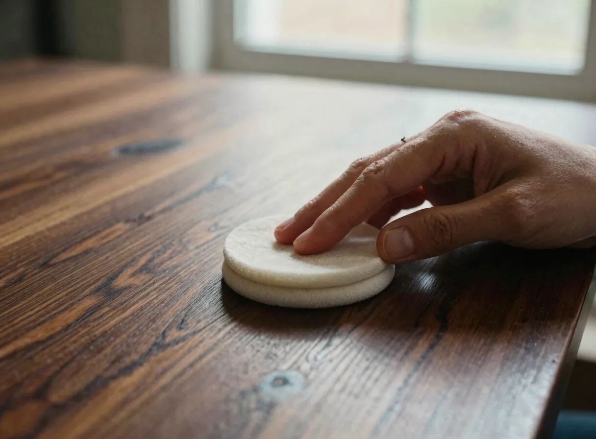 Application du vernis au tampon sur un bois précieux